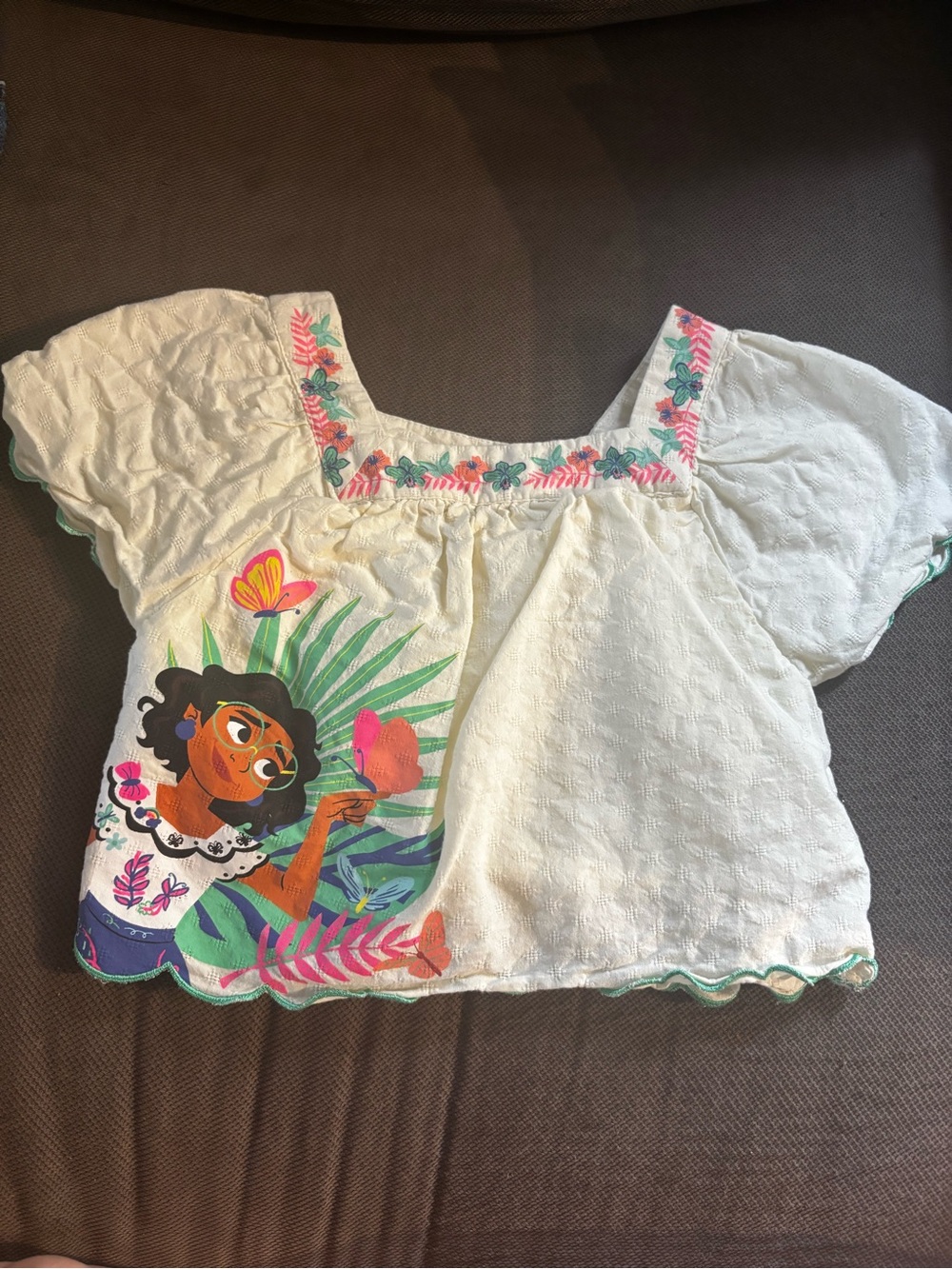 Disney Encanto Girls' Embroidered Tropical Flutter-Sleeve Crop Top